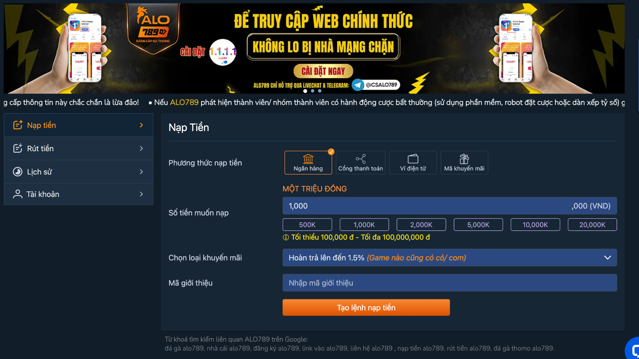 Hướng dẫn nạp tiền ALO789